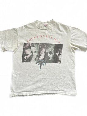 Vintage Queensrÿche Band T Shirt 1991 Tour Faded White Building Empires Men's XL